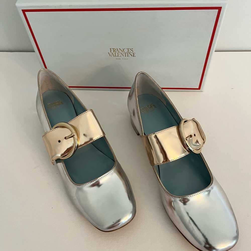 Frances Valentine Katy Silver and Gold Maryjane with Lucite Heel
